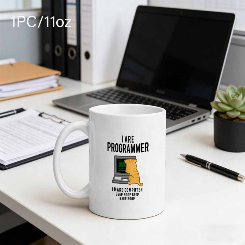Tailorly White Ceramic 11 oz Mug - I Are Programmer I Make Computer Beep Boop Beep Beep Beep Funny Ginger Cat Sitting Patiently At A Vintage Desktop Computer Cat