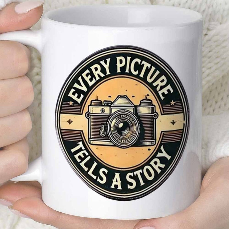Tailorly White Ceramic 11 oz Mug - Every Picture Tells A Story Vintage Retro Style Within A Circular Decorative Emblem Camera