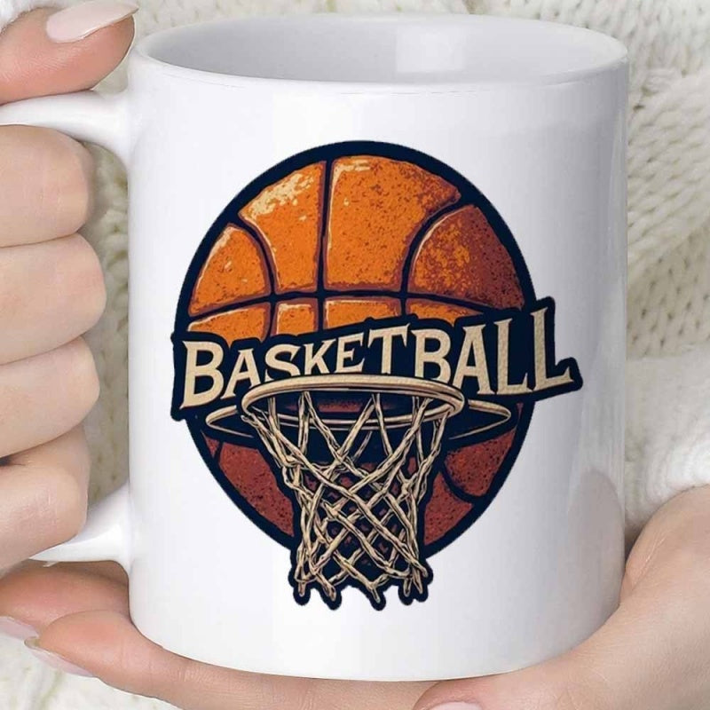 Tailorly White Ceramic 11 oz Mug - Basketball Vintage Textured Orange Ball Entering An Iron Hoop Net Basketball