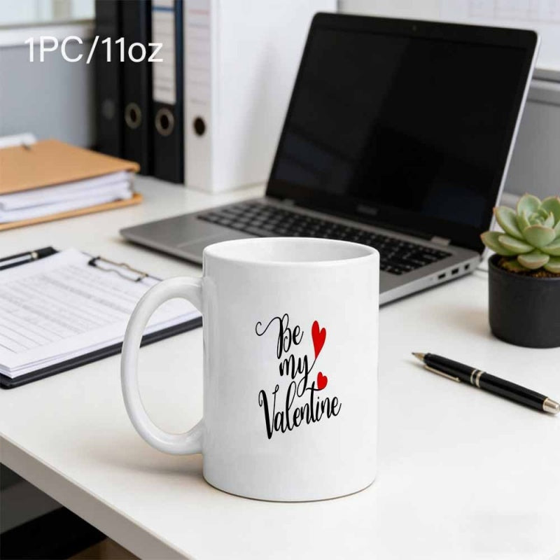 Tailorly White Ceramic 11 oz Mug - Be My Valentine Elegant Cursive Script With Small Crimson Hearts On Smooth Ceramic Mug