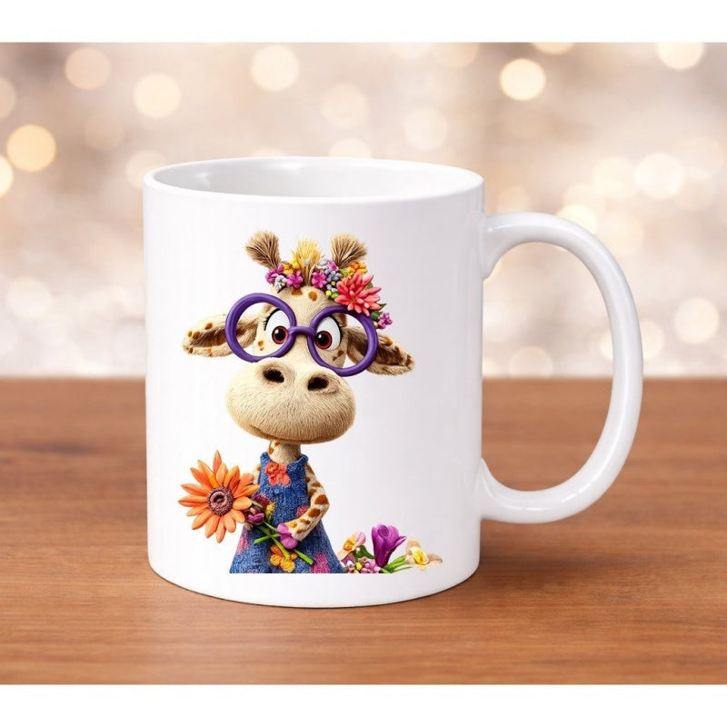 Tailorly White Ceramic 11 oz Mug - Cute Cartoon With Purple Glasses And Floral Crown Holding A Sunflower Giraffe