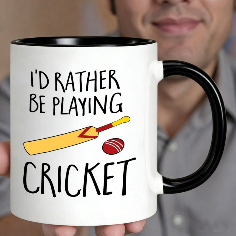 Tailorly Black Accent 11 oz Mug - funny text "id rather be playing cricket"