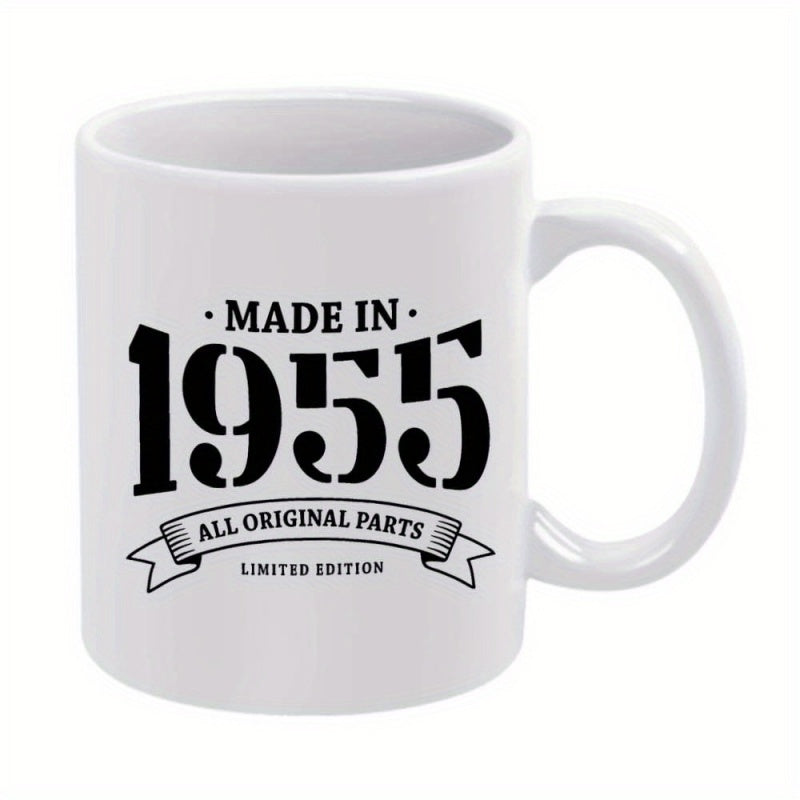 Tailorly White Ceramic 11 oz Mug - Made In 1955 All Original Parts Limited Edition Classic Stencil Numbers Above A Detailed Retro Style Ribbon Banner Mug