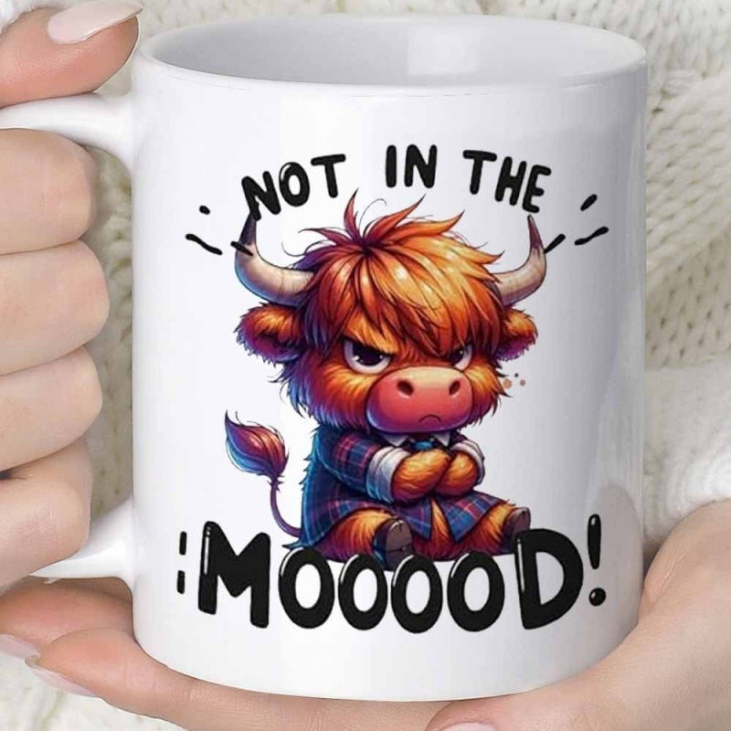 Tailorly White Ceramic 11 oz Mug - Not In The Moood Grumpy Cartoon Highland Cow With Messy Orange Hair Highland Cow