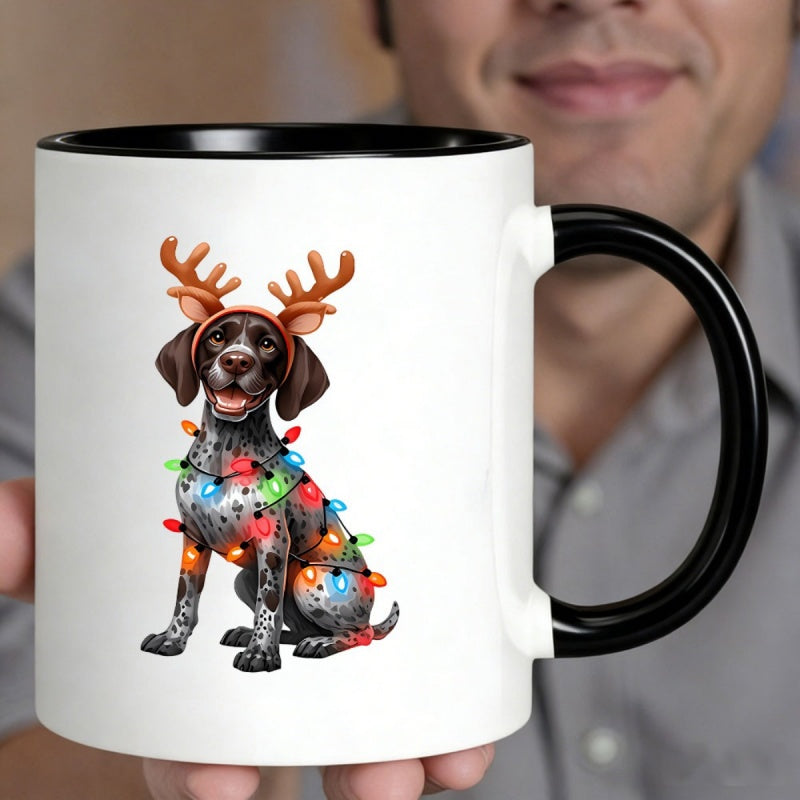 Tailorly Black Accent 11 oz Mug - festive dalmatian in reindeer antlers string lights christmas