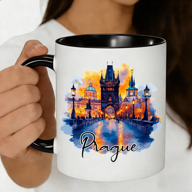 Tailorly Black Accent 11 oz Mug - charles bridge watercolor cityscape