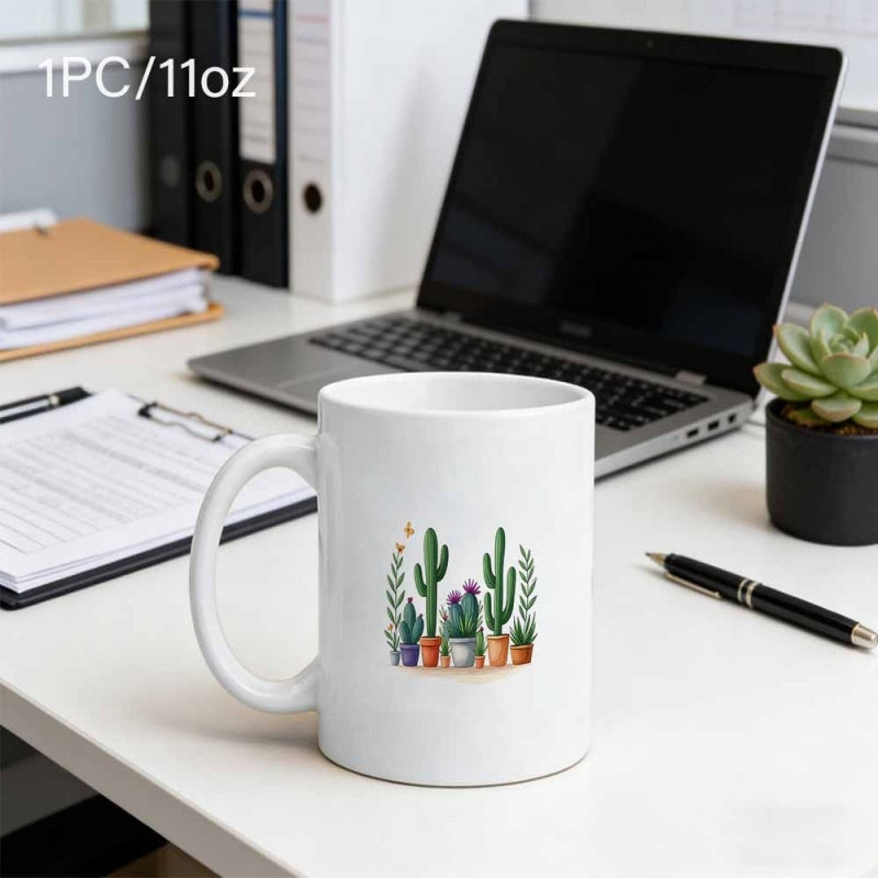 Tailorly White Ceramic 11 oz Mug - Vibrant Small Potted Desert Plants And Green Cacti Arrangement Succulents