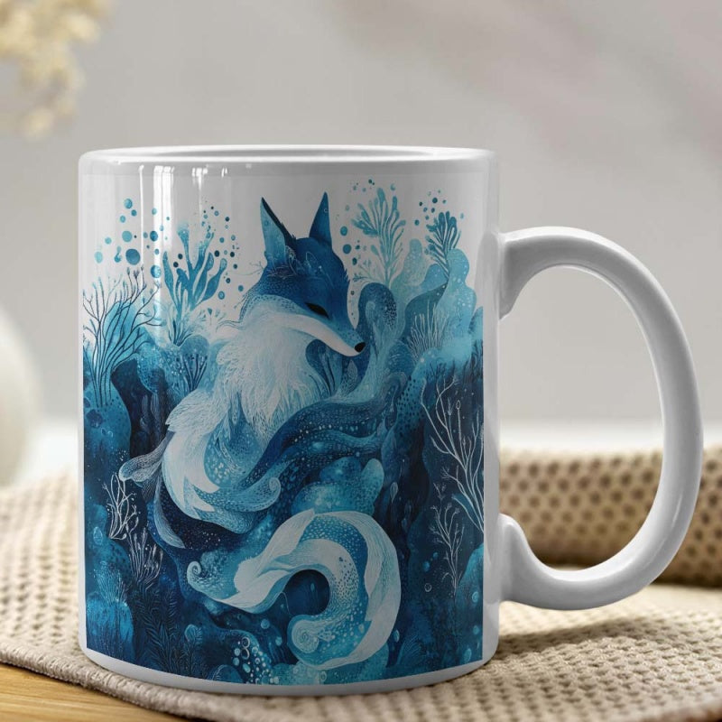 Tailorly White Ceramic 11 oz Mug - Mystical Blue Watercolor Illustration Featuring A Resting Animal Among Dreamy Swirls Fox