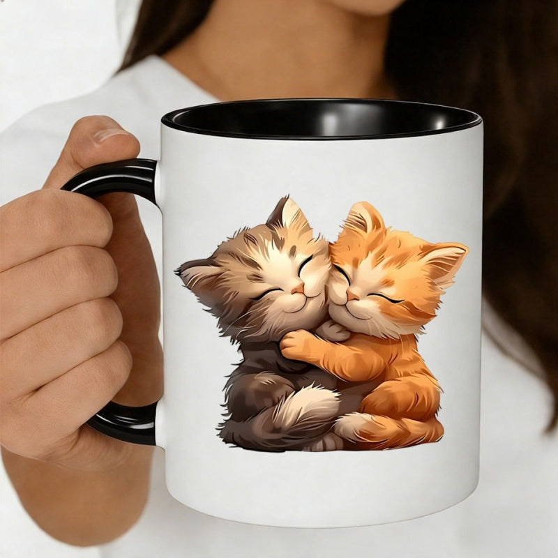 Tailorly Black Accent 11 oz Mug - two hugging kittens design adorable cartoon cat art