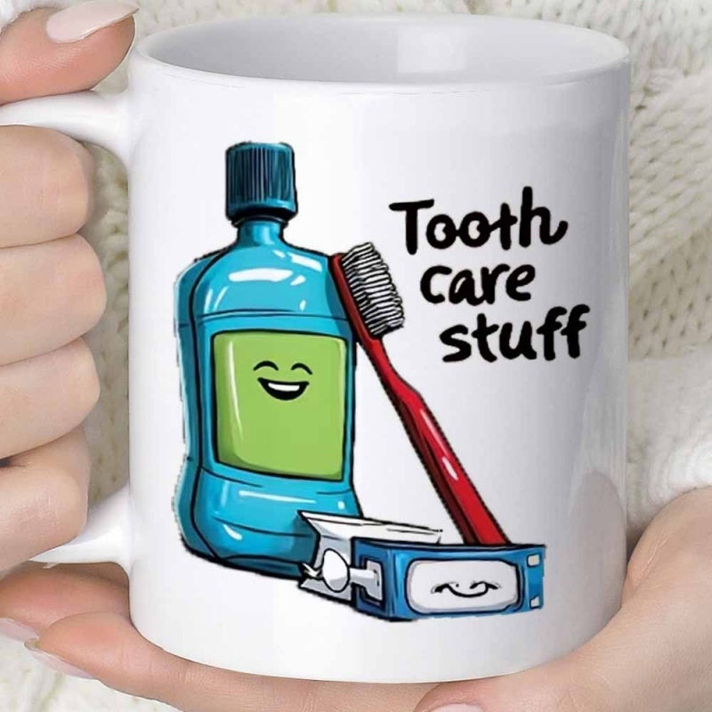 Tailorly White Ceramic 11 oz Mug - Tooth Care Stuff Smiling Cartoon Design Featuring A Red Toothbrush And Blue Dental Mouthwash
