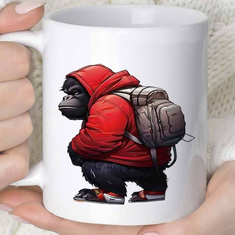 Tailorly White Ceramic 11 oz Mug - Streetwear Style Urban Gorilla Wearing Red Hoodie Carrying Tactical Backpack Gorilla