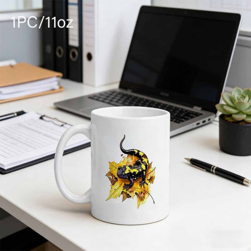 Tailorly White Ceramic 11 oz Mug - Black And Yellow Fire Salamander Resting On Golden Autumn Leaves Salamander