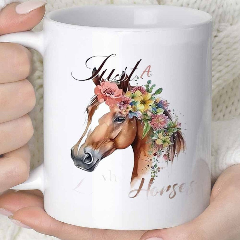 Tailorly White Ceramic 11 oz Mug - Just A Girl Who Loves Horses Majestic Brown Stallion Featuring Colorful Watercolor Floral Wreath Crown Horse