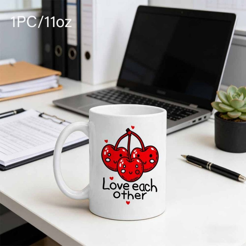 Tailorly White Ceramic 11 oz Mug - Love Each Other Three Cartoon Red Hearts With Cute Smiling Faces Cherry