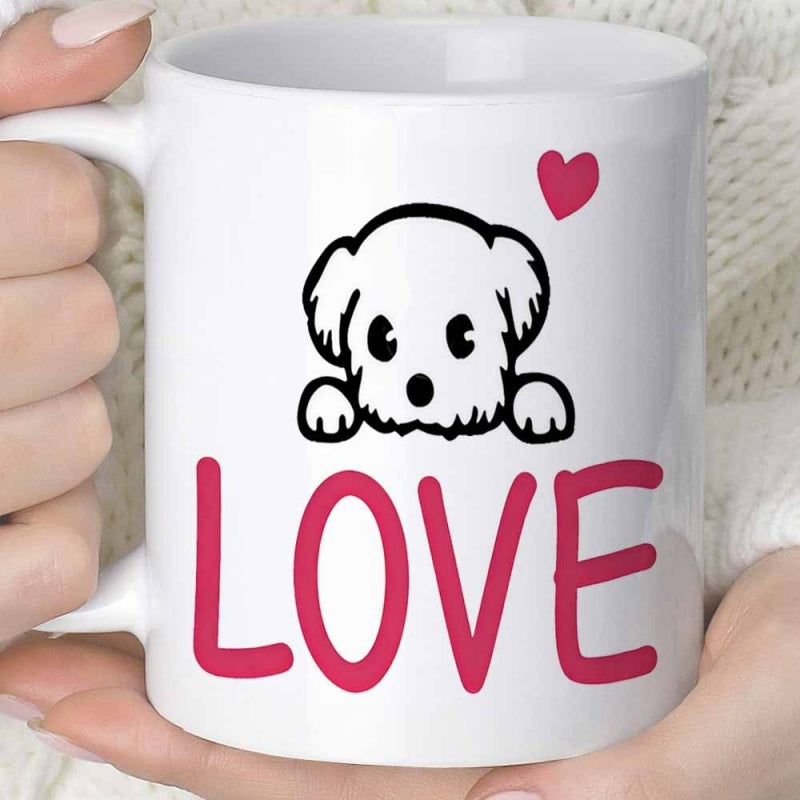 Tailorly White Ceramic 11 oz Mug - Love Cute Cartoon White Puppy Peeking With Heart And Pink Letters Dog