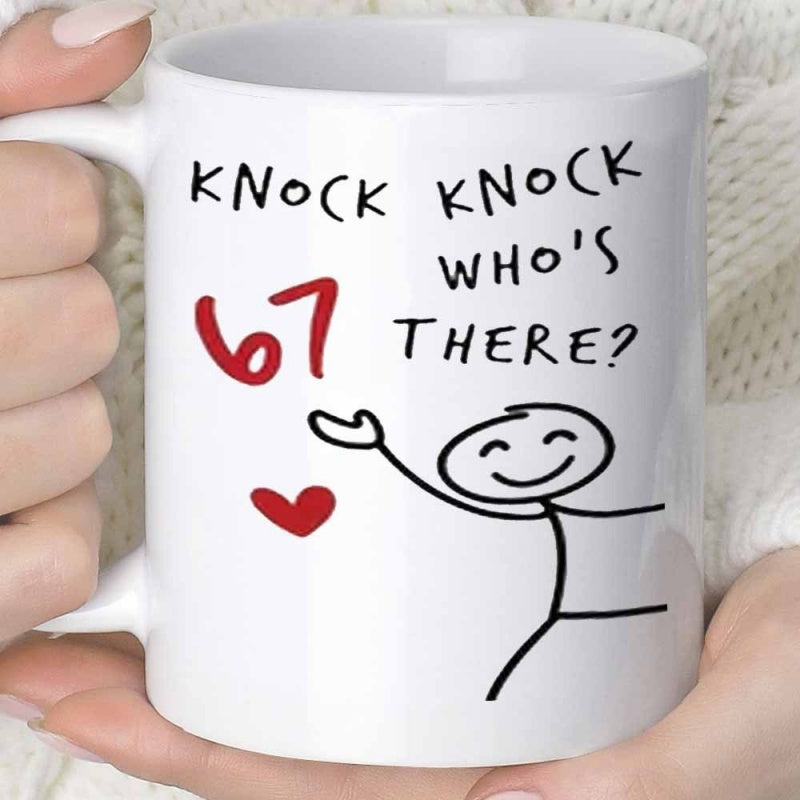 Tailorly White Ceramic 11 oz Mug - Knock Knock Who's There 67 Playful Hand Drawn Character Celebrating With A Small Red Heart Stick Figure