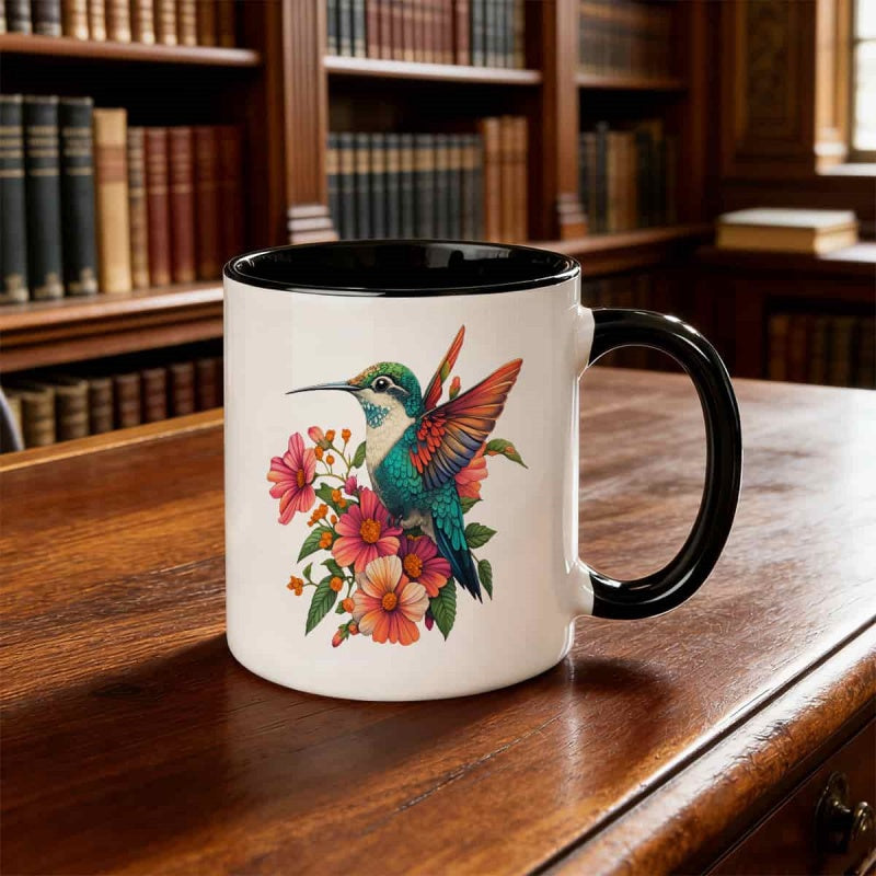 Tailorly Black Accent 11 oz Mug - vibrant hummingbird floral