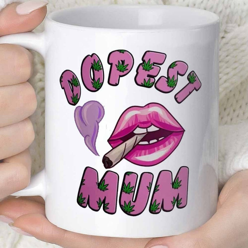Tailorly White Ceramic 11 oz Mug - Dopest Mum Stylized Pink Lips Smoking Among Purple Heart Shaped Smoke Mug
