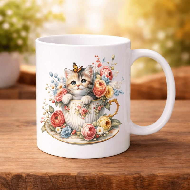 Tailorly White Ceramic 11 oz Mug - Vintage Tea Cup Filled With Roses And A Tiny Fluffy Kitten