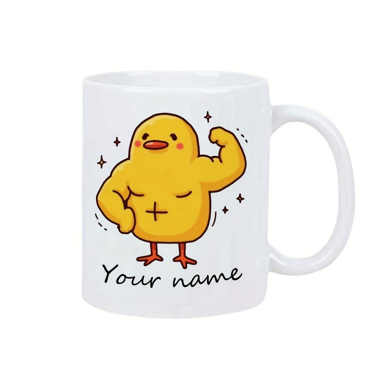 Tailorly White Ceramic 11 oz Mug - Your Name Strong Muscular Yellow Cartoon Chick Flexing Bicep In Playful Style Chick