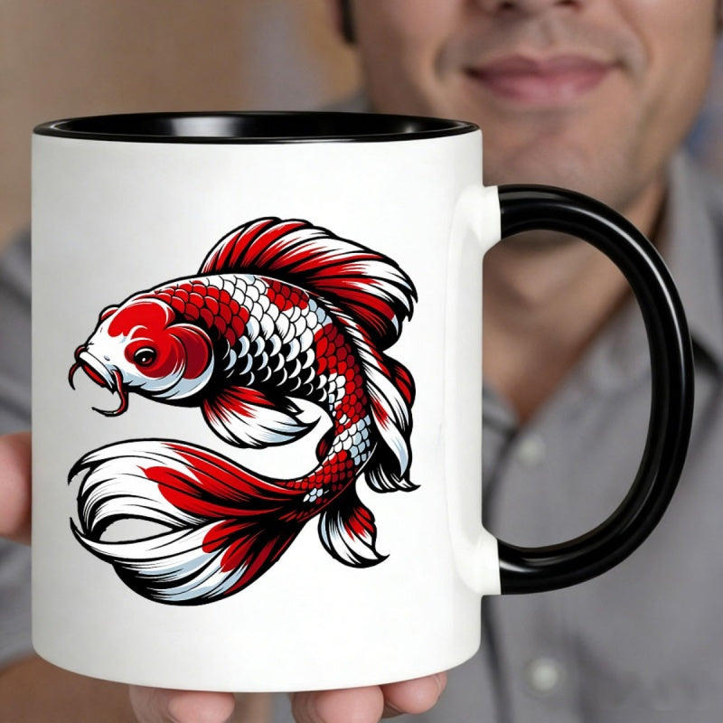 Tailorly Black Accent 11 oz Mug - japanese koi fish with koi scale traditional red and white pattern
