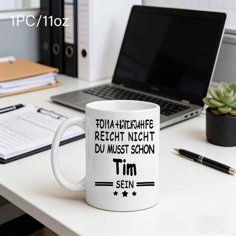 Tailorly White Ceramic 11 oz Mug - Tim Minimalist White Ceramic Drinking Cup With Decorative Black Text And Stars Mug