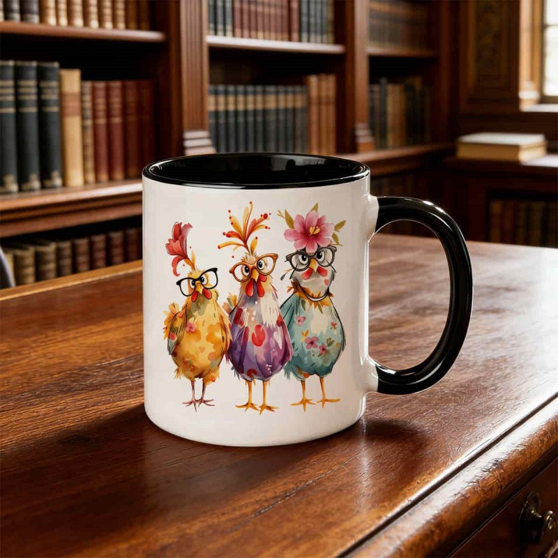 Tailorly Black Accent 11 oz Mug - colorful chickens