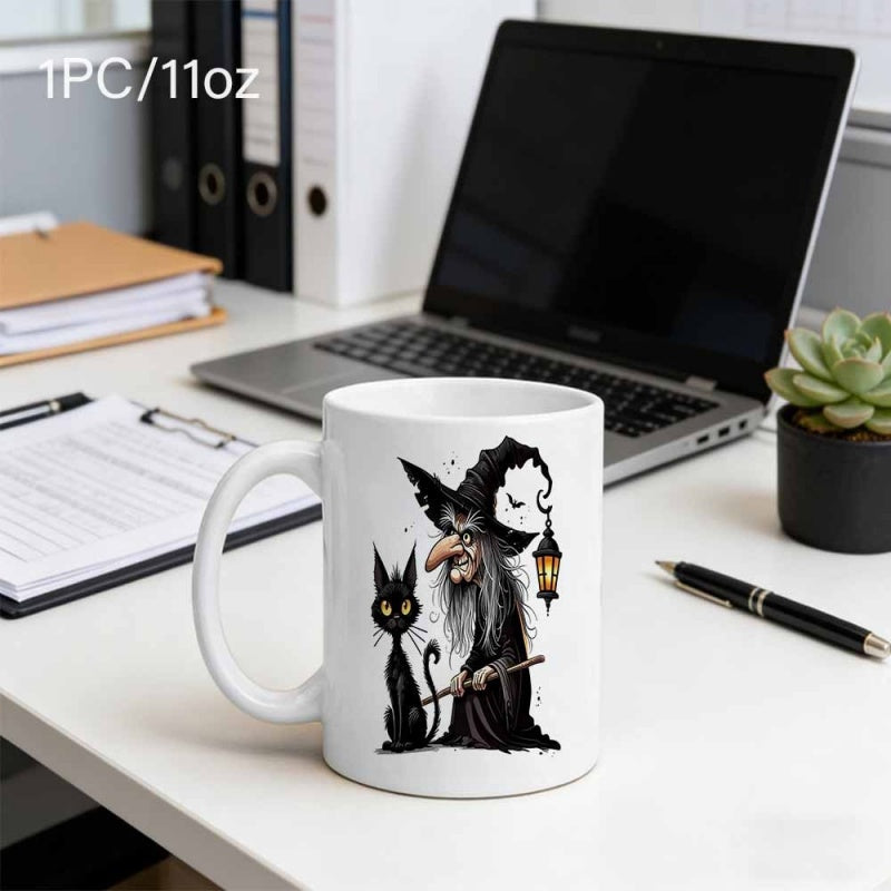 Tailorly White Ceramic 11 oz Mug - Spooky Halloween Silhouette With Lantern And Standing Mysterious Black Cat Witch