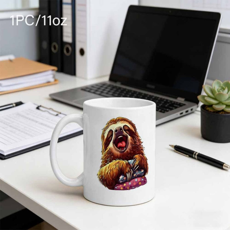 Tailorly White Ceramic 11 oz Mug - Detailed Brown Furry Animal Laughing While Resting On A Colorful Keyboard Sloth
