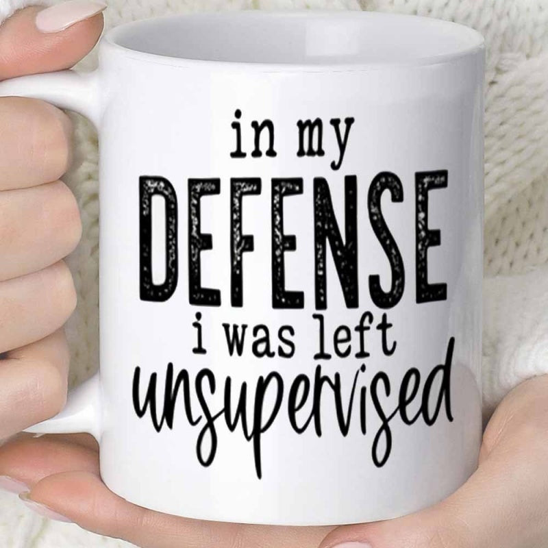 Tailorly White Ceramic 11 oz Mug - In My Defense I Was Left Unsupervised Minimalist White Ceramic Beverage Container With Bold Distressed Typography Printed Mug