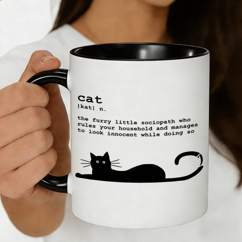 Tailorly Black Accent 11 oz Mug - the furry little sociopath text with funny cat illustration