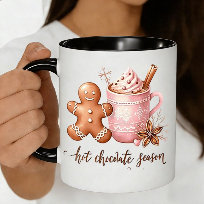 Tailorly Black Accent 11 oz Mug - pink gingerbread and snowflake pattern