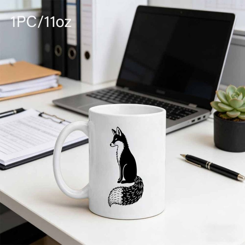 Tailorly White Ceramic 11 oz Mug - Elegant Minimalist Black And White Sitting Patterned Tail Artistic Silhouette Fox