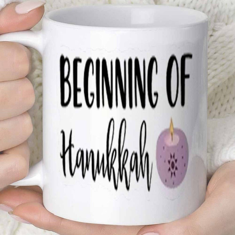 Tailorly White Ceramic 11 oz Mug - Beginning Of Hanukkah Simple Purple Candle With Glowing Flame And Delicate Star Details Candle