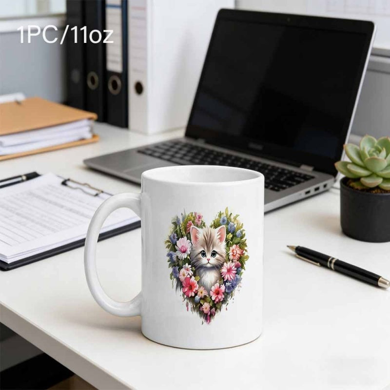 Tailorly White Ceramic 11 oz Mug - Adorable Fluffy Kitten Nestled Within A Heart Of Colorful Blooming Flowers Cat