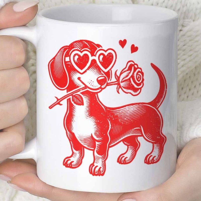 Tailorly White Ceramic 11 oz Mug - Charming Red Canine Wearing Heart Glasses Holding A Romantic Rose Dachshund