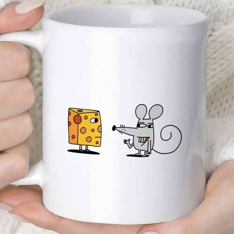 Tailorly White Ceramic 11 oz Mug - Minimalist Hand Drawn Cartoon Rat Facing A Walking Block Of Cheese Mouse
