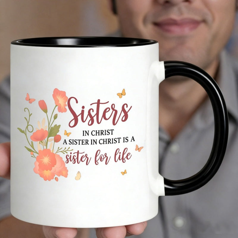 Tailorly Black Accent 11 oz Mug - sisters in faith with floral