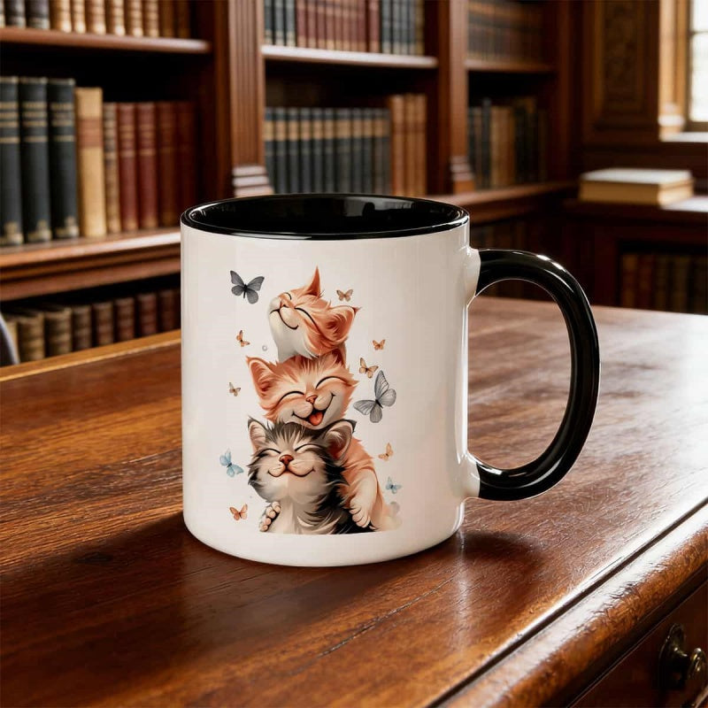 Tailorly Black Accent 11 oz Mug - 3 fun cats and butterflies