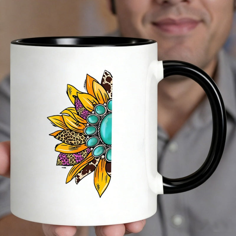 Tailorly Black Accent 11 oz Mug - leopard and sunflower pattern