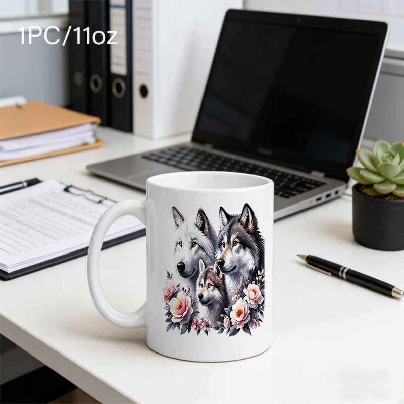 Tailorly White Ceramic 11 oz Mug - Majestic Wild Spirits Amidst Soft Pink Blooming Roses And Greenery Wolves