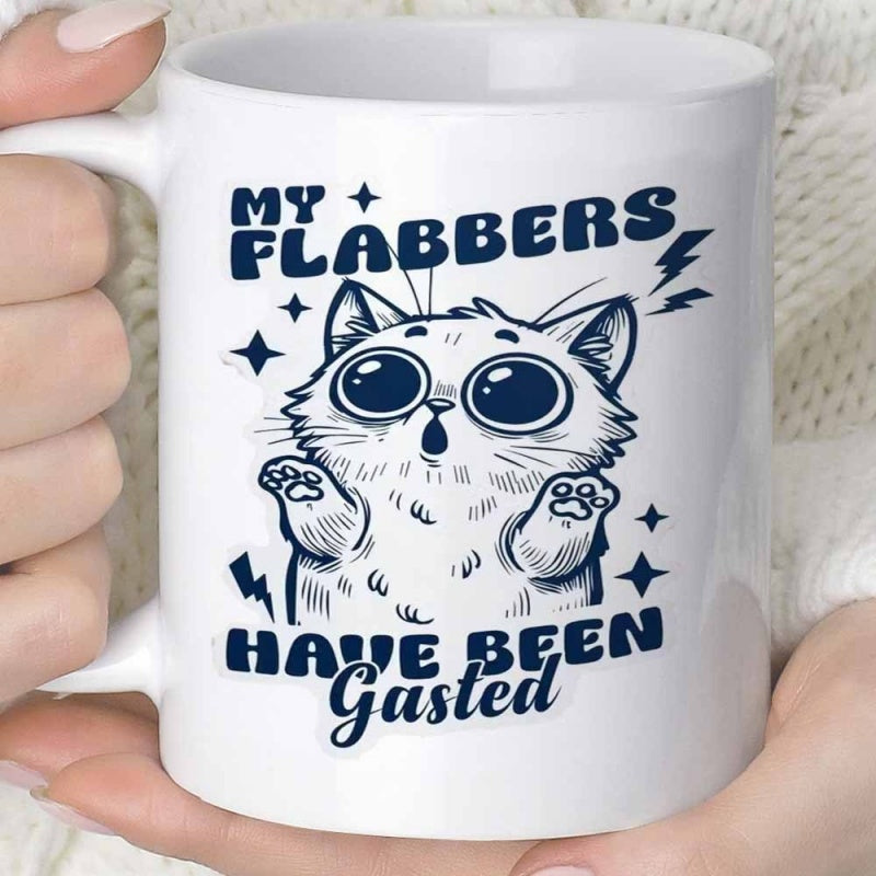 Tailorly White Ceramic 11 oz Mug - My Flabbers Have Been Gasted Adorable Surprised Cartoon Kitten With Large Eyes Amidst Stars And Bolts Cat