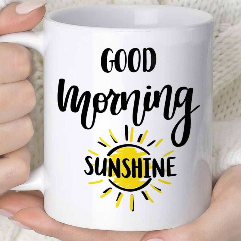 Tailorly White Ceramic 11 oz Mug - Good Morning Sunshine Hand Drawn Radiant Yellow Sun With Striking Black Outline Sun