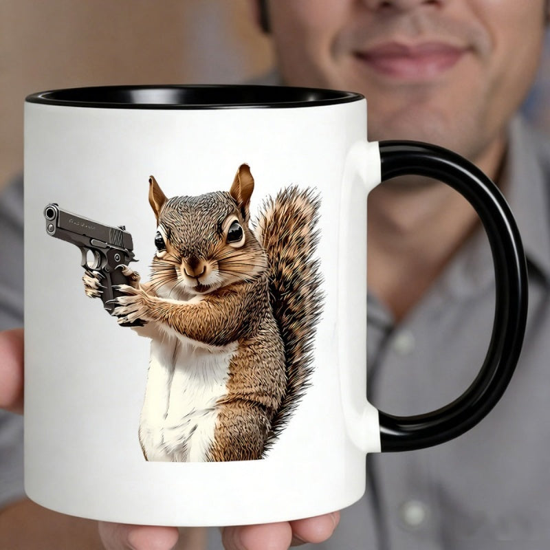 Tailorly Black Accent 11 oz Mug - humorous print of a squirrel with a gun