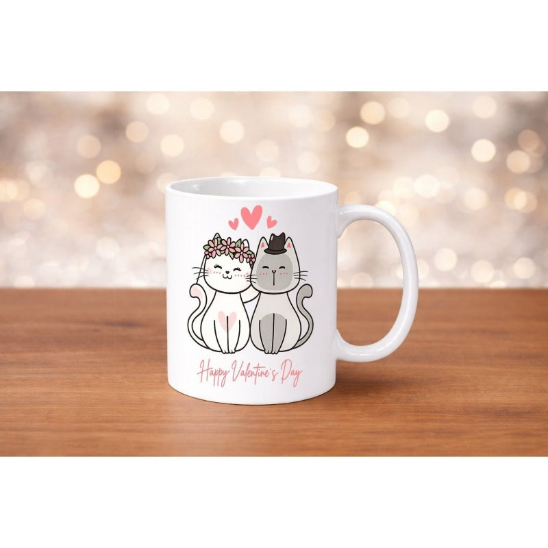 Tailorly White Ceramic 11 oz Mug - Happy Valentines Day Two Adorable Cartoon Kittens Sitting Together Under Small Floating Pink Hearts Cat