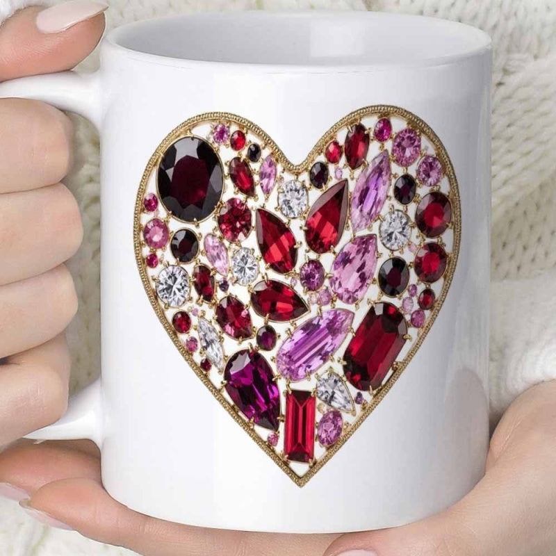 Tailorly White Ceramic 11 oz Mug - Elegant Jewelry Design Featuring Sparkling Red And Pink Crystals Heart