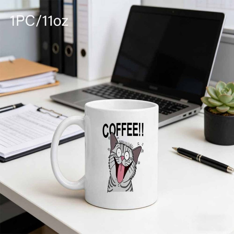 Tailorly White Ceramic 11 oz Mug - Coffee Energetic Grey Striped Cartoon With Wide Open Mouth And Long Pink Tongue Cat