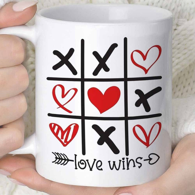 Tailorly White Ceramic 11 oz Mug - Love Wins Hand Drawn Tic Tac Toe Grid With Red Romantic Hearts Pattern