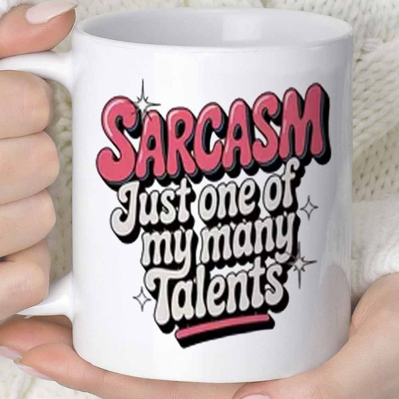 Tailorly White Ceramic 11 oz Mug - Sarcasm Just One Of My Many Talents Retro Wavy Pink Bubble Letters Decorated With Tiny Sparkles Sign