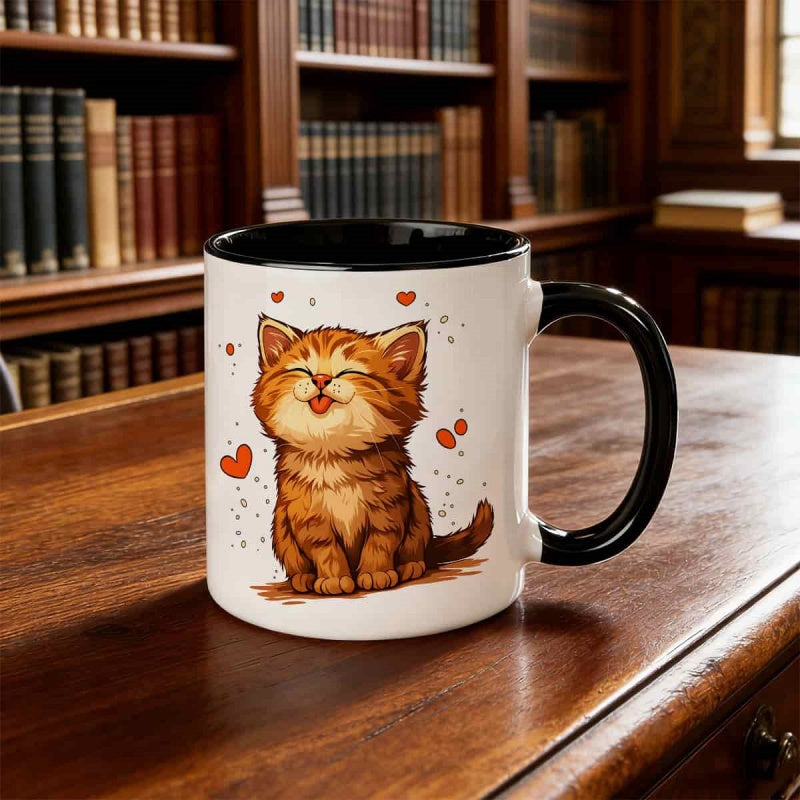 Tailorly Black Accent 11 oz Mug - hearts ceramic coffee cup with adorable kitten design